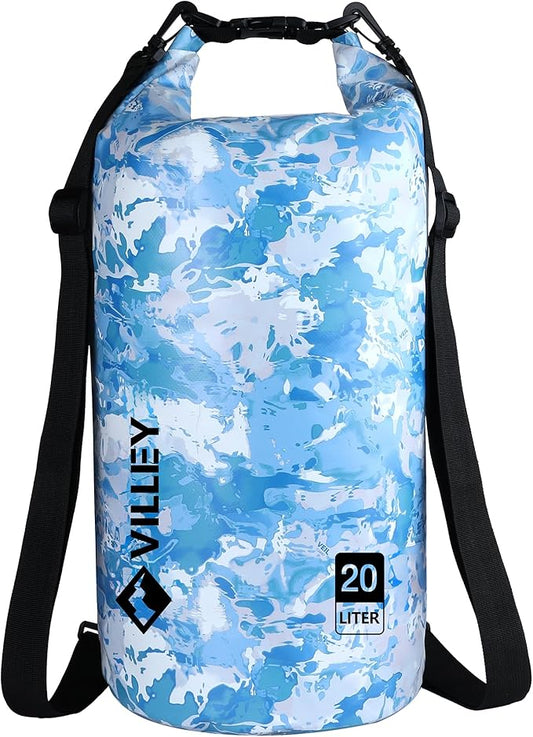 VILLEY Dry Bag Waterproof 20L Roll Top Sack Keeps Gear Dry Lightweight Sack for Kayaking Boating Camping Swimming and Beach Adventures Blue Camo