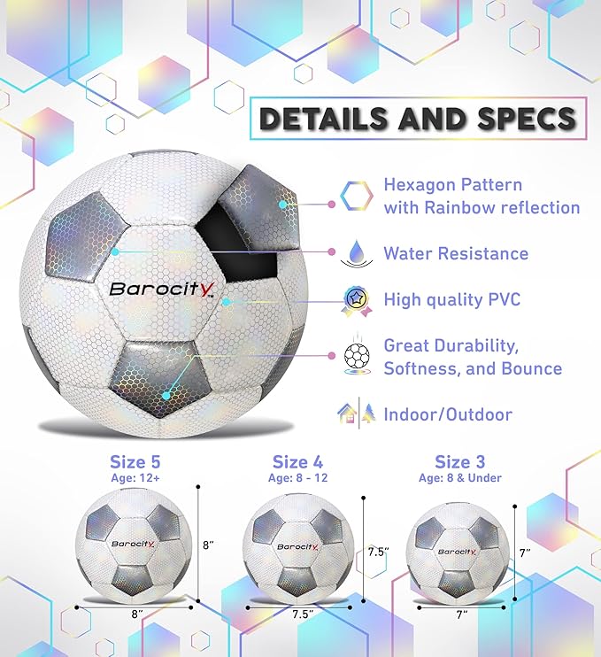 Soccer Ball - Premium Boy and Girl Official Match Ball with Cool Reflective Iridescent Rainbow Hex Pattern, Durable, Indoor, Outdoor, Training, Practice, Playtime and Games
