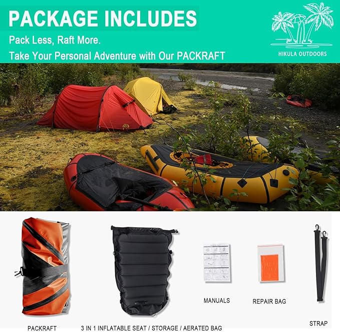 TPU Packraft Inflatable Lightweight Kayak - 1 Person Packraft, Ideal for Adults&Kids with Soft Seat, Litewater Dinghy for Flat Water Rafting, Fishing & Adventure, Rapid Inflate