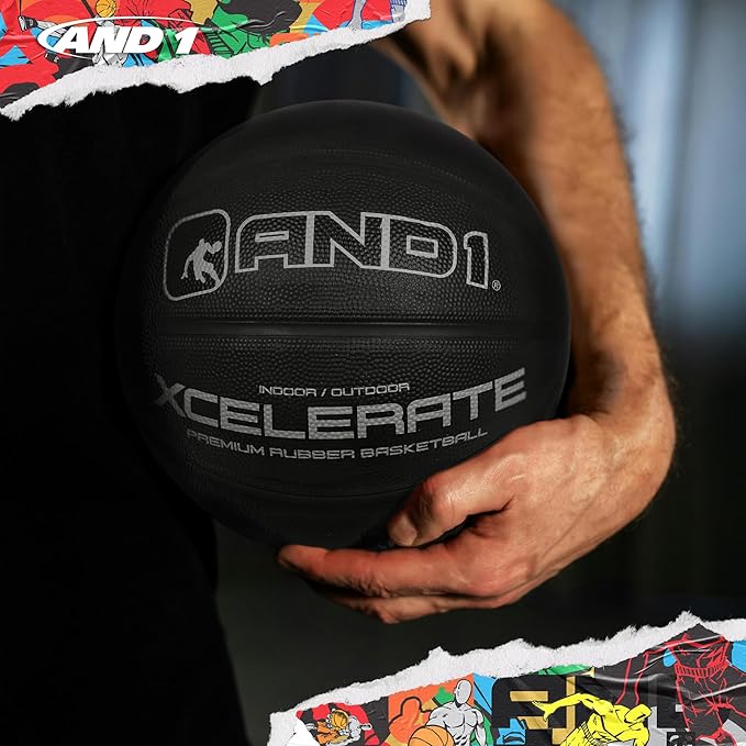 AND1 Xcelerate Rubber Basketball: Official Regulation Size 7 (29.5”) Streetball, Made for Indoor/Outdoor Games