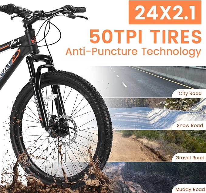 24/26 Inch Mountain Bike, 21 Speed Mountain Bicycle with High Carbon Steel Frame, Dual Disc Brakes and Front Suspension, MTB Bike for Adult Teenagers Boys Girls