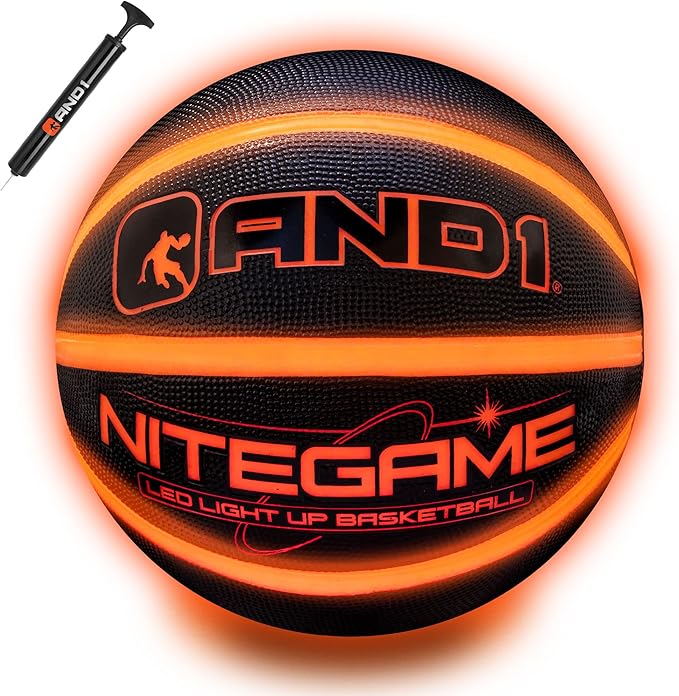 AND1 Nitegame LED Light Up Basketball - Impact Activated Glow in The Dark - Regulation Size 7 (29.5 inches), for Outdoor or Indoor, Sold Deflated, Comes in Black or Orange