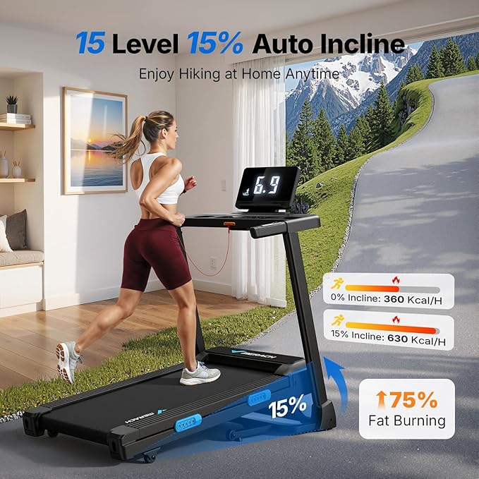 MERACH Foldable Treadmill with Incline, 7.5MPH Quiet Treadmills for Home with Double Deck Technology, 4 Silicone Shock Cushion, Heart Rate Monitoring,16.5" Wider Belt, APP