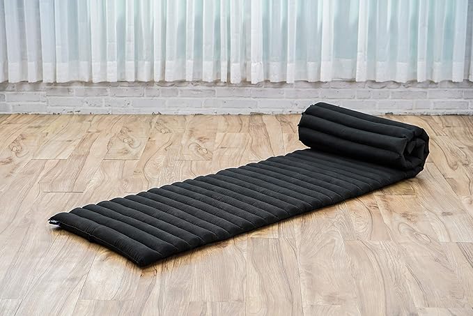 Leewadee - Foldable Floor Mattress - Japanese Roll Up Futon -Trifold Tatami Mat- Guest Floor Bed - Camping Mattress - Thai Massage Mat, Kapok Filled, 75 x 20 inches, Black