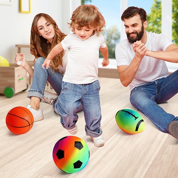 Small Sports Balls for Toddler Pack of 6, 2 Each of 5" Football, Basketball, Soccer for Playground, Toy Balls Inflatable Multi-Sport Ball Set with 1 Pump for Indoor and Outdoor Activities