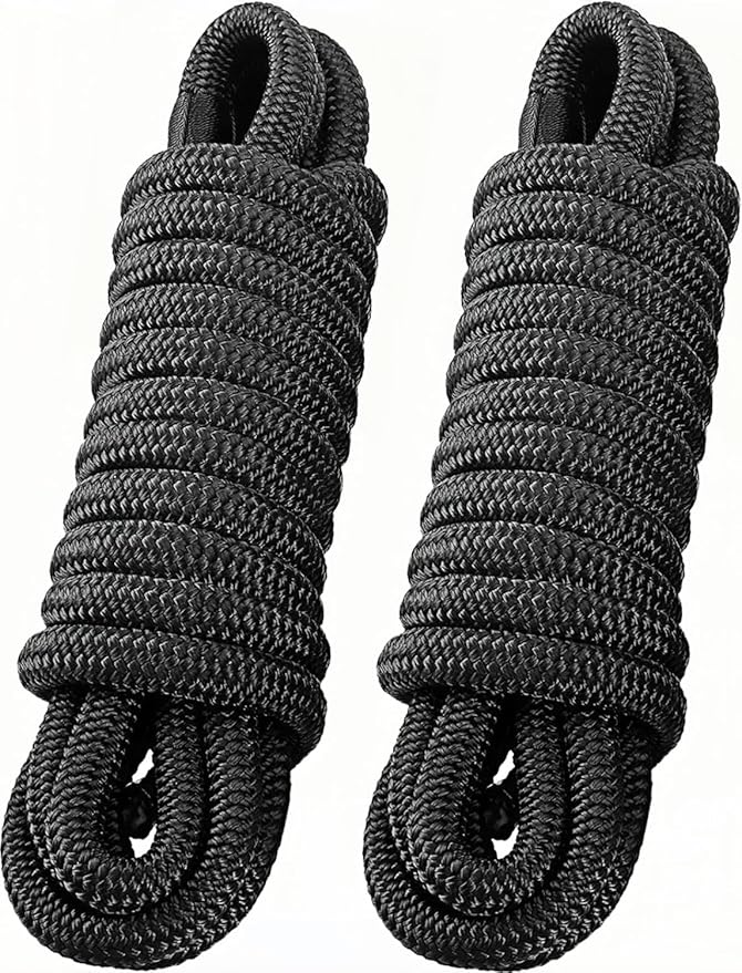 2 Pack 3/4" x 25' Dock Lines - Marine Grade Nylon Boat Rope with 15" Loop for Docking and Mooring - Double Braided Boat Lines, High Strength, Easy Handling, Fray Resistant - Black