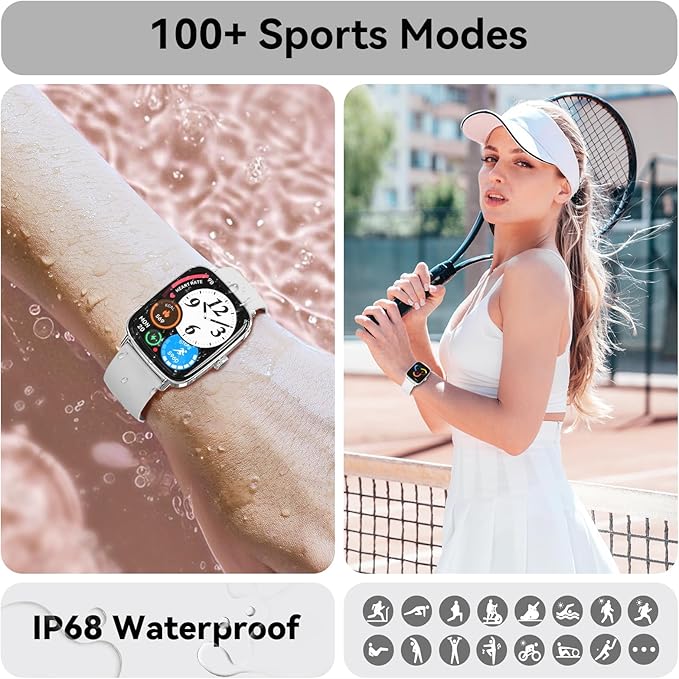 Tensky Smart Watch for Women Android & iPhone, 1.85" Touch Screen Fitness Tracker with Answer/Make Call, IP68 Waterproof 24/7 Health/Sleep Monitor, Pedometer, 100+ Sport Modes (2 Bands)