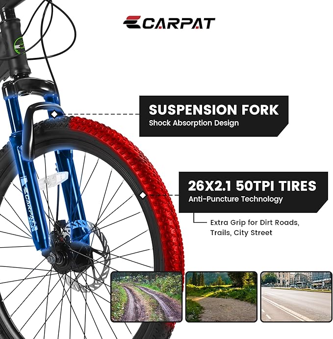 26 Inch Mountain Bike 21 Speeds with Mechanical Disc Brakes, High-Carbon Steel Frame, Suspension MTB Bikes Mountain Bicycle (Black+ Blue)