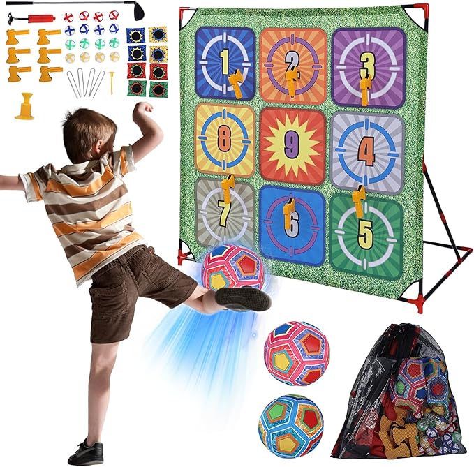 Soccer Games Set, 4-in-1 Carnival Games,-Battle Golf & Bean Bag Toss & Axe Throwing.Family Soccer Game with Various Accessories,Outdoor Games for Kids and Family