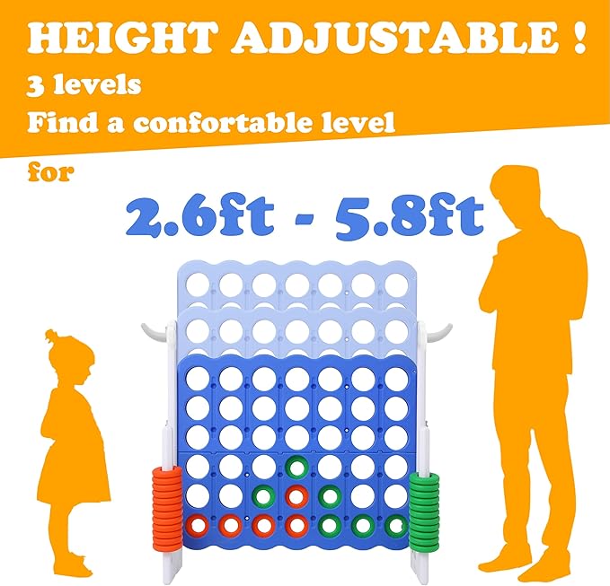 SDADI Height-Adjustable Giant 4-in-a-Row Game, 2-in-1 Jumbo 4-to-Score & Ring Toss Set, Indoor/Outdoor Yard Party Toy for Kids, Adults & Family, White