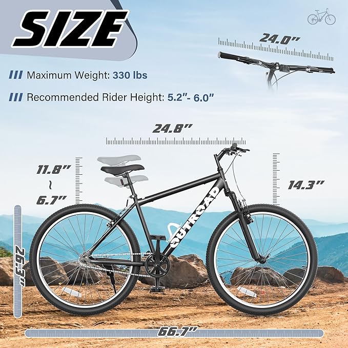 26 Inch Mountain Bike, High-Carbon Steel/Dual V Brake, Adjustable Ergonomic Seat Commuting Bike for Men Women Adult, Black, Grey