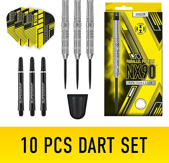 Harrows NX90 Bomb & Parallel Shape Darts Set I Professional Darts 90% Tungsten Steel Tip All Weights Pro Darts I 10pc Set with Black Supergrip Midi Shafts & NX90 Flights