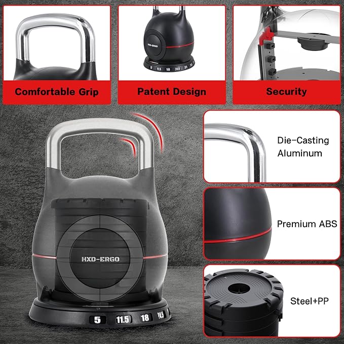 Adjustable Kettlebell Weight Set-Quickly Adjusts 7 Weights,Ergonomic kettlebell sets for Home Gym