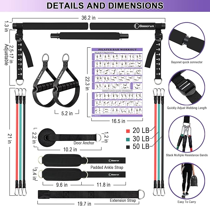 Portable Pilates Bar Kit with Resistance Bands for Men and Women - 3 Set Exercise Resistance Bands - Multifunctional Home Gym - Supports Full-Body Workouts β with Fitness Poster and Video
