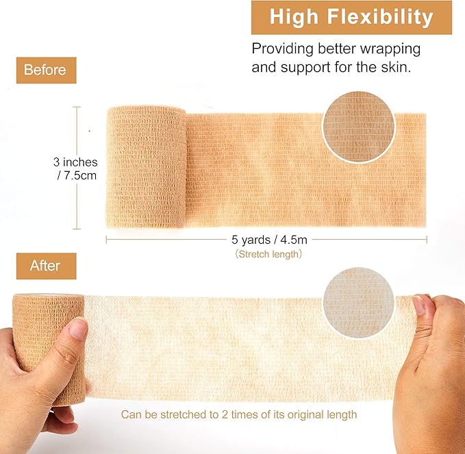 Self Adhesive Bandage Tape (3 Inches X 5 Yards), Elastic Cohesive Bandage Medical Wrap for First Aid, Sports, Wrist & Ankle (3 inch, Count, 12)