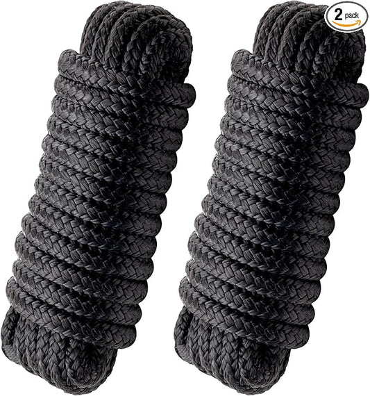 Boat Dock Lines Marine Rope - 3/4" x 25ft with Pre-Spliced 15" Loop Double Braided Nylon Ropes Bumper Tie Mooring Line for Boats Docking Pontoon Boating Accessories - 2 Pack