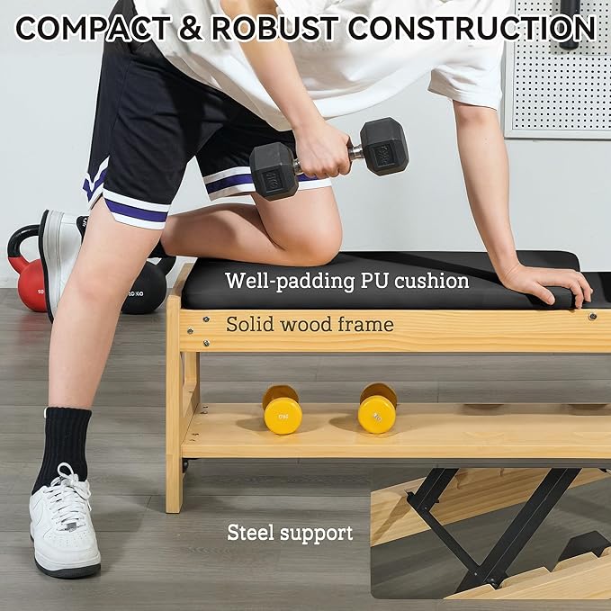 Soozier Adjustable Weight Bench with Dumbbell Rack, Wooden Workout Bench, Flat or Incline Bench for Home Gym Weight Lifting Training