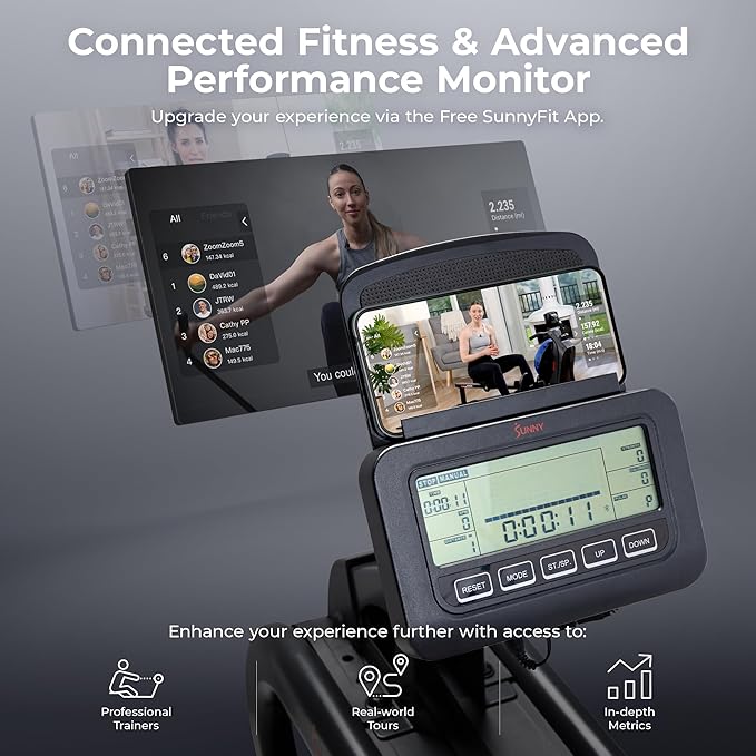 Sunny Health & Fitness Flip & Foldable Rowing Machine for Home w/Extended Slide Rail, Full-Body Workout, Low-Impact, Optional Extra Long Rail, Quiet Rail Cover, Water Motion and Free SunnyFit App
