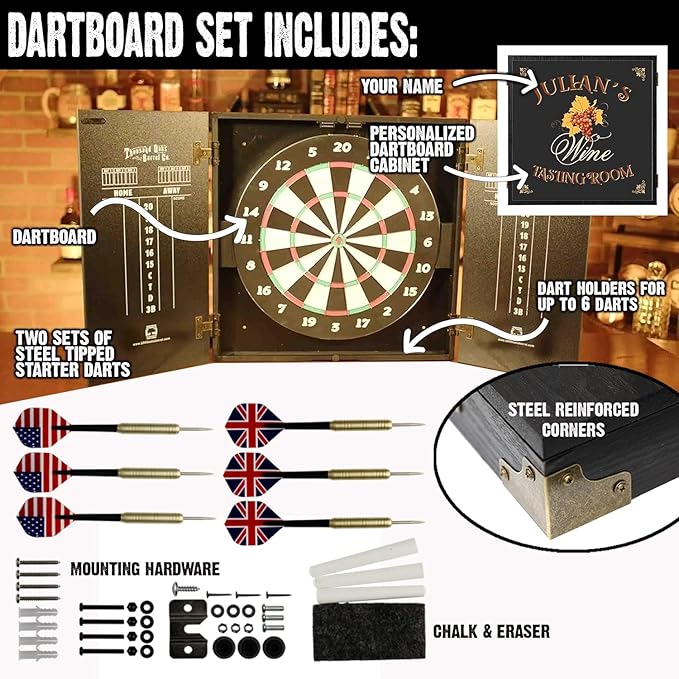 THOUSAND OAKS BARREL CO. | Personalized Dartboard & Cabinet Set with 6 Steel Tip Darts