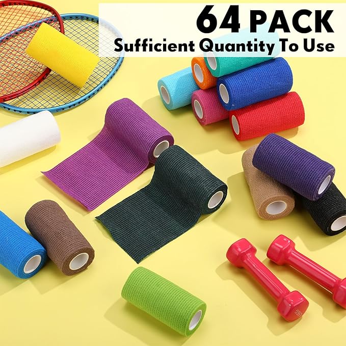 Treela 64 Pack 4" x 5 Yards Self Adhesive Cohesive Bandage Wraps, Elastic Breathable Athletic Tape, Flexible Self Adherent Bandage Rolls for Wrist, Ankle, Fingers, Sports & Pets (Multi Color)