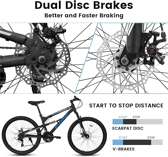 24/26/27.5 Inch Mountain Bike, Dual Full Suspension 21 Speed Womens Mens Mountain Bikes, Commuter Bike with Carbon Steel Frame and Dual Disc Brakes