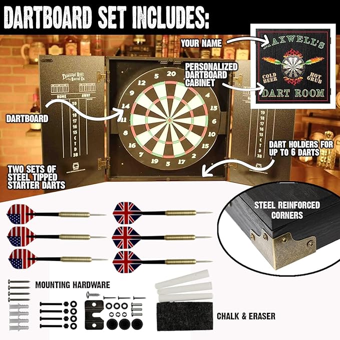 THOUSAND OAKS BARREL CO. | Personalized Dartboard & Cabinet Set with 6 Steel Tip Darts