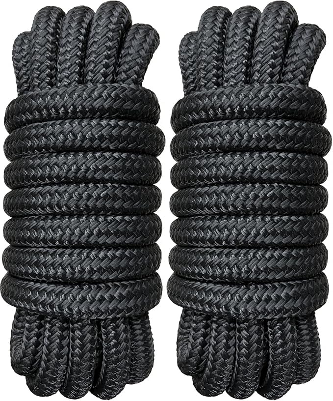 Boat Dock Lines 3/4" x 20' - Double Braided Nylon Boat Ropes for Docking with 15" Loop, Marine-Grade High Strength Boat Lines Dock Rope, Premium Marine Rope Mooring Lines, Easy Handling - 2 Pack,Black