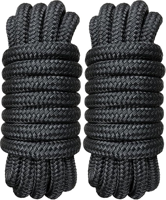 Boat Dock Lines 3/4" x 20' - Double Braided Nylon Boat Ropes for Docking with 15" Loop, Marine-Grade High Strength Boat Lines Dock Rope, Premium Marine Rope Mooring Lines, Easy Handling - 2 Pack,Black