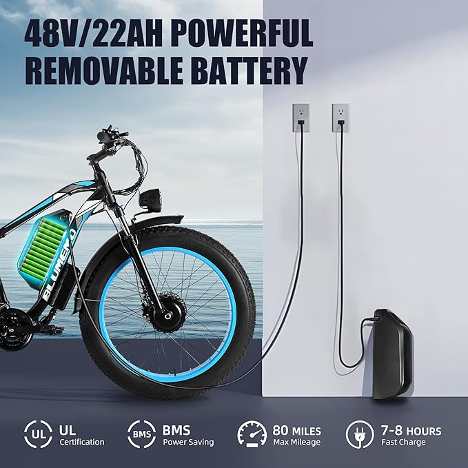 EV800R Electric Bike for Adults,Dual Motor Electric Bike,3000W Peak,26" Fattire,48V 22AH Removable Battery,Dual Hydraulic Brakes,Long Range Dirtbike,Off-Road Mountain Bike,Snow ebike
