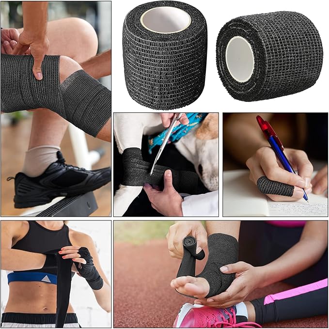 Treela 64 Pack 2" x 5 Yards Self Adhesive Cohesive Bandage Wraps, Elastic Breathable Athletic Tape, Flexible Self Adherent Bandage Rolls for Wrist, Ankle, Fingers, Sports & Pets (Black)