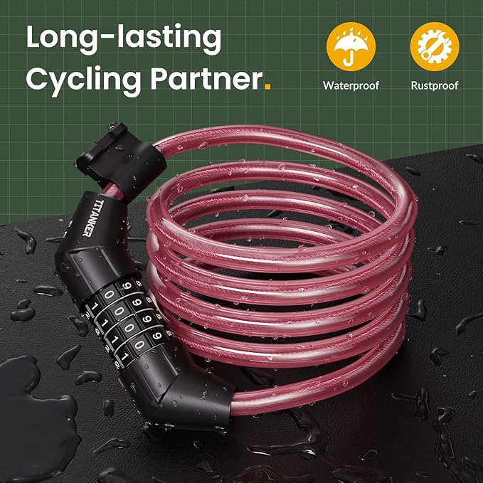 Titanker Bike Lock Cable, 4 Feet Bike Cable Lock Basic Self Coiling Kids Bike Lock Combination with Complimentary Mounting Bracket, 5/16 Inch Diameter (4FT, Pink-8mm)