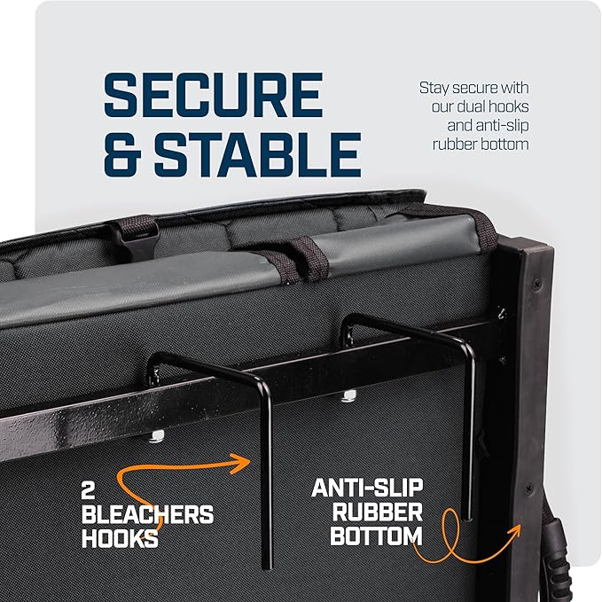 Extra Wide Folding Reclining Stadium Seat with Back Suppot for Bleachers, Bleacher Hooks, Thick Cushion, Cup Holder, Storage Pockets – Portable Chair for Kayak, Canoe, Paddle Board, Concerts, & Sports