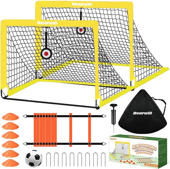 Soccer Goal, Kids Soccer Goals for Backyard Set of 2, 4x3ft Portable Soccer Goal Pop Up Soccer Net, Kids Soccer Net Training Equipment with Soccer Ball, Ladder, Cones, Targets