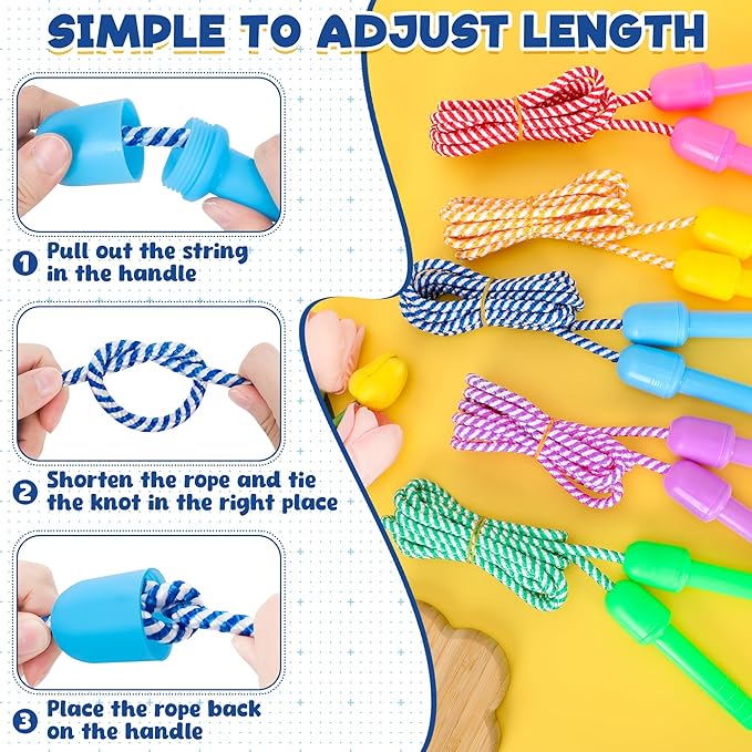 Kids Jump Rope, Colorful Nylon Skipping Ropes for Children, 7.78FT Adjustable Length, 5.51IN Handles, Lightweight Skipping Ropes Set for Indoor & Outdoor Play Fitness School Activities