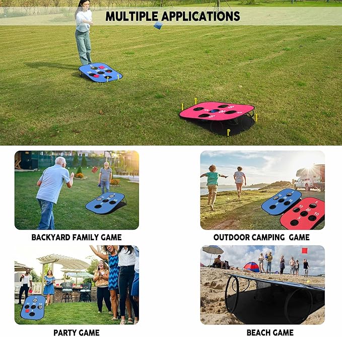 Pop up Cornhole Sets for Backyard Portable Collapsible Cornhole Game with 8 Bean Bags Lightweight Carrybag and 8 Stakes Easy go Anywhere for Travel and Family Game
