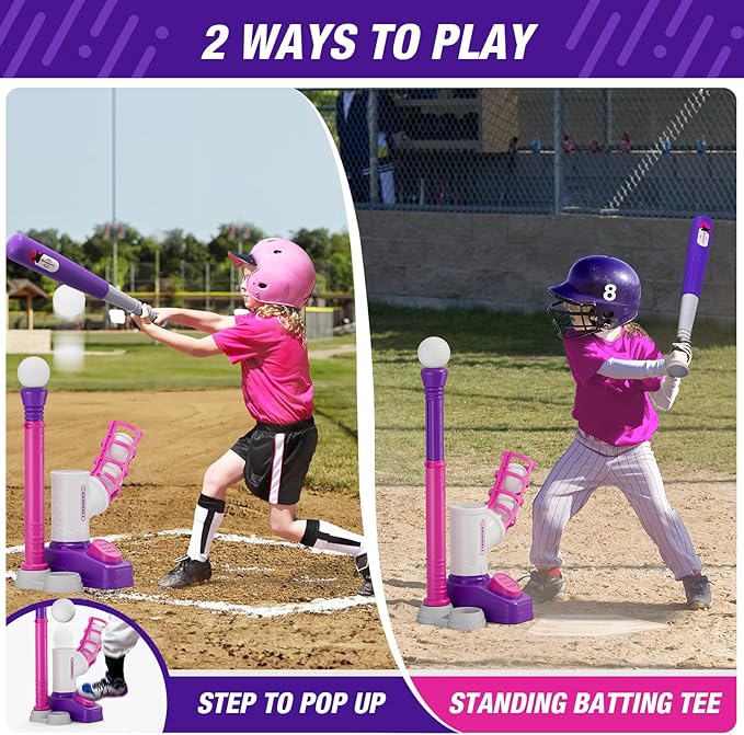 Tball Set for Toddlers 3-5, Tee Ball Set with Step on Pitching Machine/Adjustable Batting Tee/Retractable Baseball Bat/8 Pop Up Balls, Outdoor Sport Toy Games for Kids Girls