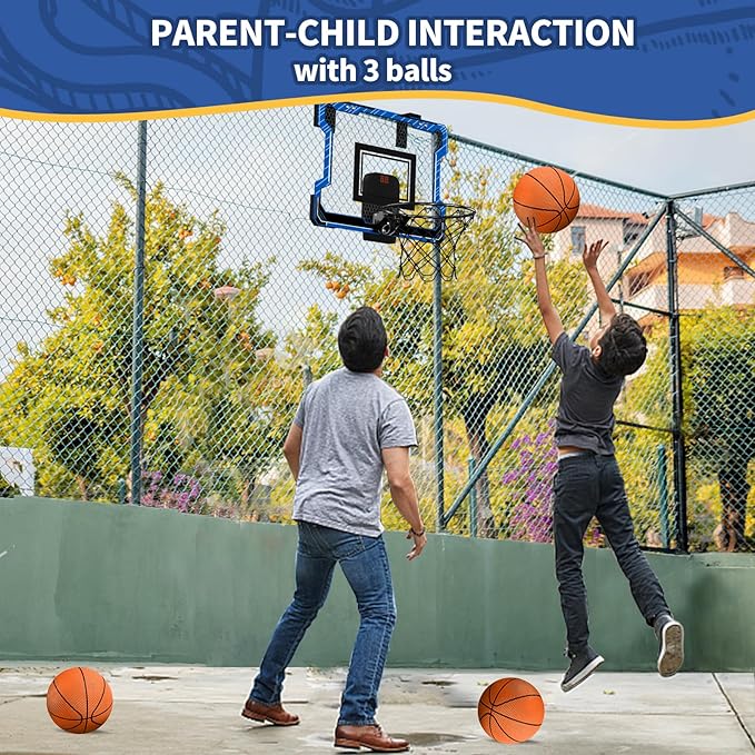 Mini Basketball Hoop Indoor with Scoreboard, Door Basketball Hoop with 3 Balls & Inflator, Basketball Toy Gifts for Kids Boys Girls Teens Adults, Suit for Bedroom/Office/Outdoor/Pool, Blue