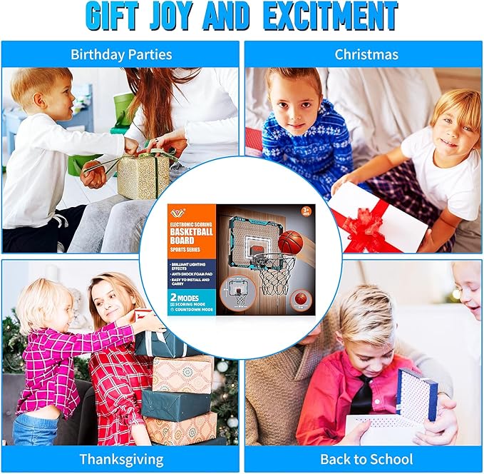BATURU Mini Basketball Hoop Indoor for Kids β Over The Door Basketball Hoop with LED Scoreboard, Lights, Sound β Sports Gifts Toys for Boys Ages 5-12