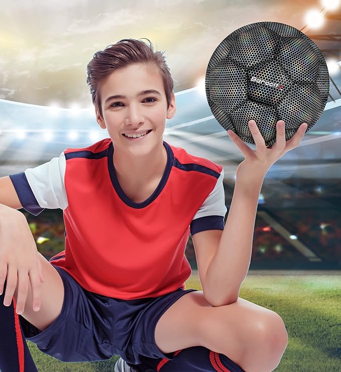Soccer Ball - Premium Boy and Girl Official Match Ball with Cool Reflective Iridescent Rainbow Hex Pattern, Durable, Indoor, Outdoor, Training, Practice, Playtime and Games