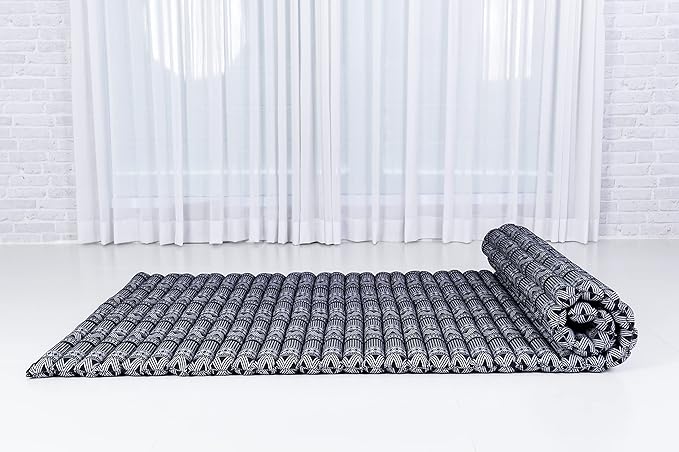 Leewadee - Kapok Roll Mat – Handcrafted Folding Sleep & Relaxation Mattress from Thailand, Ideal as Guest Bed, Camping Mat, Yoga Mat or Traditional Futon, 75 x 39 inches, Black White