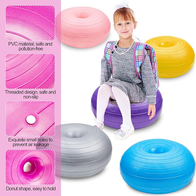 Lewtemi 8 Pcs Flexible Seating for Classroom Elementary 20'' Yoga Ball Chair Large Inflatable Donut Exercise Ball Chair Wobble Seat with Inflator for Kids Student Balance