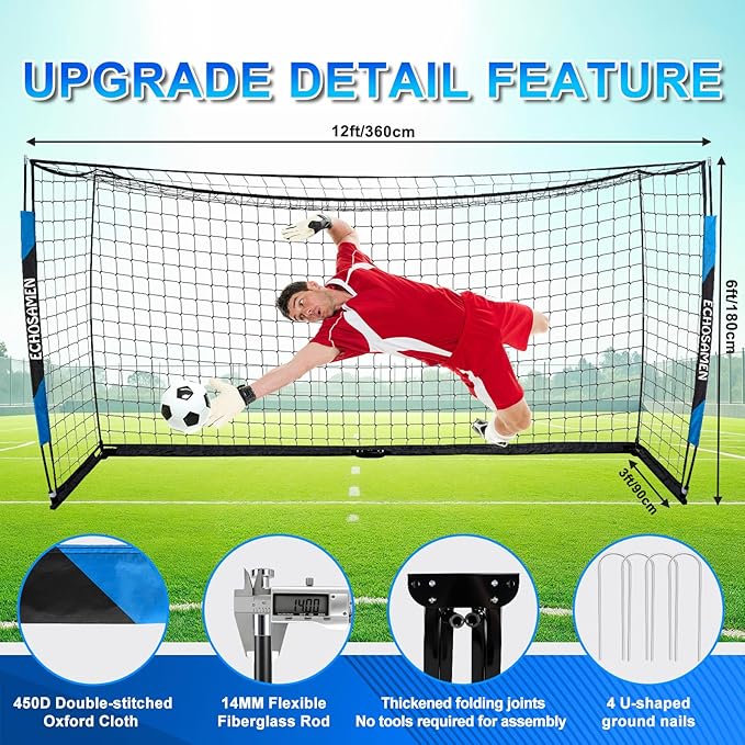 12X6FT/6X4FT Soccer Goal, Portable Soccer Goals for Backyard, Easy to Carry, Easy to Install, Comes with 1 Carry Bag, 4 Ground Nails, Youth and Adult Training Equipment.