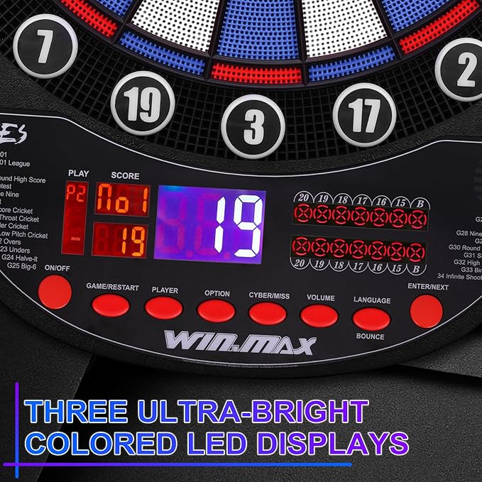 WIN.MAX Electronic Dart Board Soft Tip Dartboard Set LED Displays 3 Languages with 12 Darts 100 Tips Power Adapter