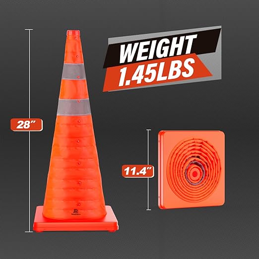 RoadHero 28 Inch 6 Pack Collapsible Traffic Safety Cones, Multi Purpose Pop-up Cones with Reflective Collar for Road Safety, Orange Cones for Driving Training, Parking Lots