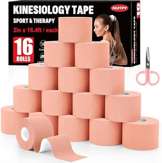 16 Rolls Kinesiology Tape, 2 inch x 16.4 Feet Waterproof Athletic Tape, Uncut Kinetic Tape, Elastic Muscle Tape, Sports Tape, Knee Tape for Exercise and Daily Use - Skin Color
