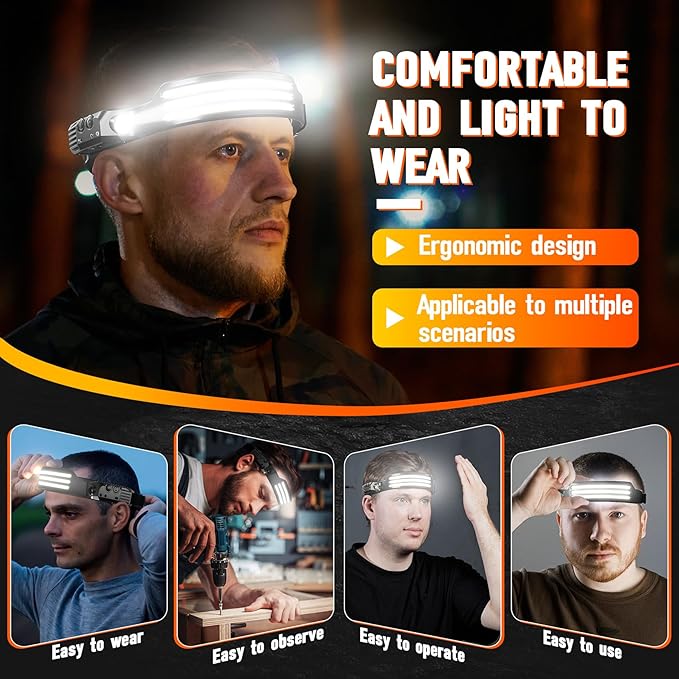 6 Pack Headlamp Rechargeable, LED Headlight Flashlight Super Bright with 230° Wide Beam, Motion Sensor, 5 Modes Waterproof Head Lamp for Outdoor Hiking Running Camping