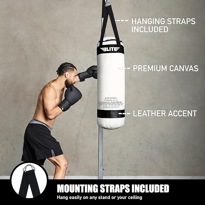 Elite Sports Boxing Bag – Heavy Duty Canvas Punching Bag with Straps for Boxing, Training, MMA, Muay Thai, Kickboxing, Martial Arts & Fitness – Unfilled Heavy Bag