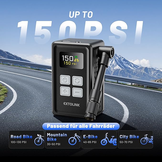 Mini Bike Tire Pump - 20s Fast Inflate Electric Bike Pump with Gauge, Max 150PSI Electric Air Pump with Presta & Schrader Valve for Road Bike, Mountain Bike, Electric Bike