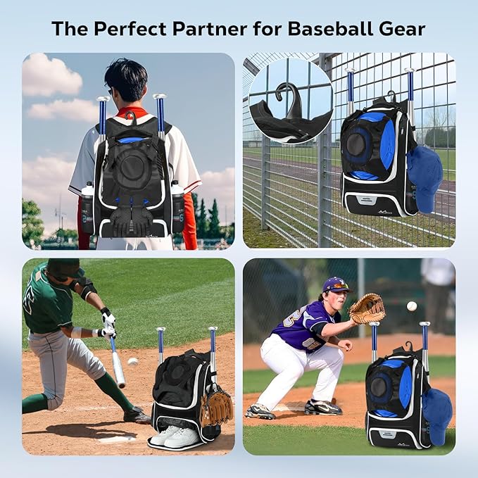 MoKo Baseball Bag, Softball Bag with External Helmet Holder & Fence Hook for T-Ball Bat Softball Equipment, Lightweight & Breathable Baseball Backpack with Shoe Compartment for Youth & Adult, Black