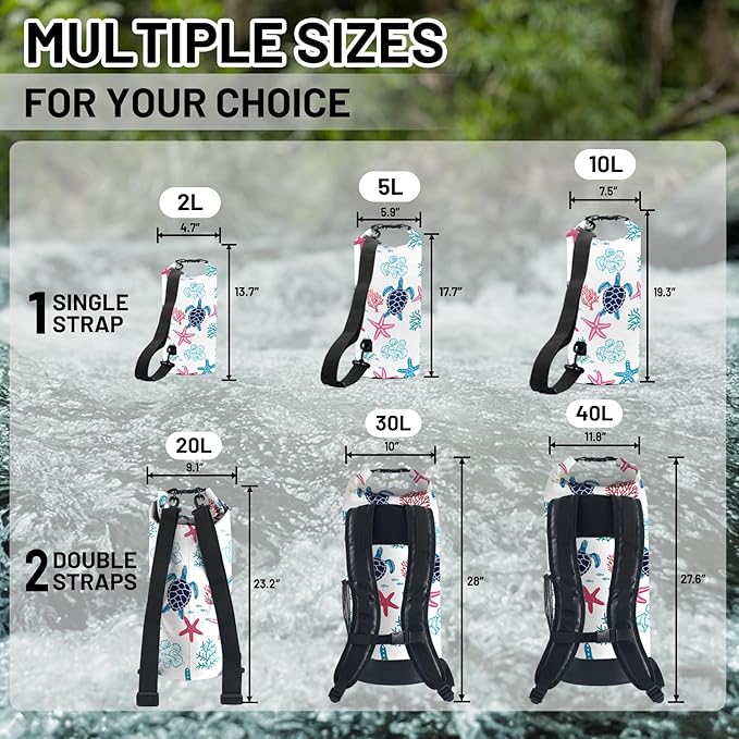 Waterproof Dry Bag,Sea Turtle Coral Starfish Small Waterproof Backpack 2L/5L/10L/20L/30L/40L Floating Lightweight Bags for Kayaking, Boating, Fishing, Swimming Camping with Waterproof Phone Case